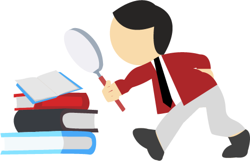 Bobby Audit base : mascotte de Customs Bridge une main dans le dos et munie d'une loupe regardant sur une pile de livre dont le dernier est ouvert
